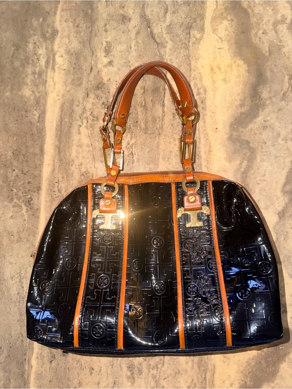 Tory Burch Black Patent Satchel with Tan Trim and Gold Hardware
